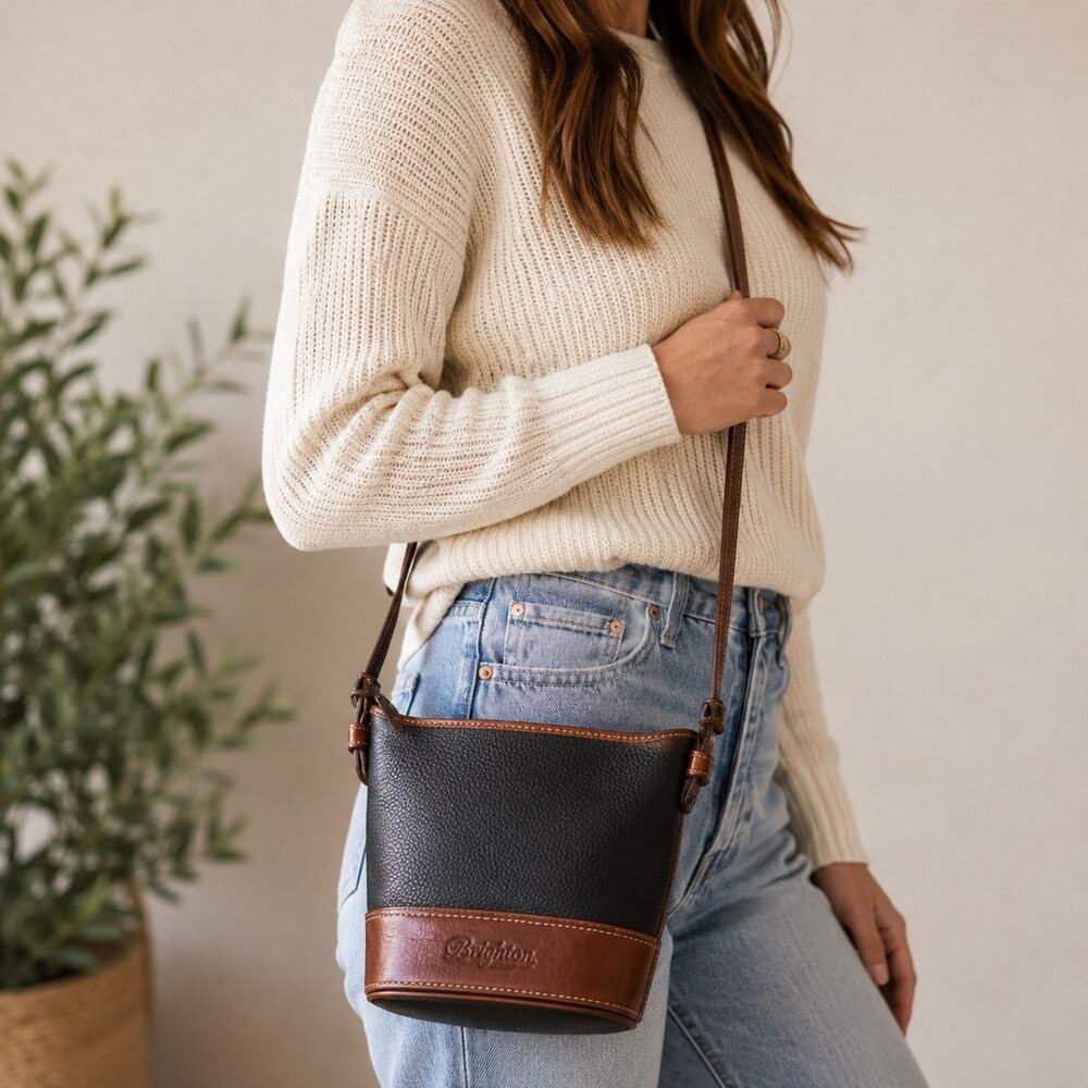 Brighton Judy Little Mini Vintage Leather Bucket Crossbody Bag Black Brown